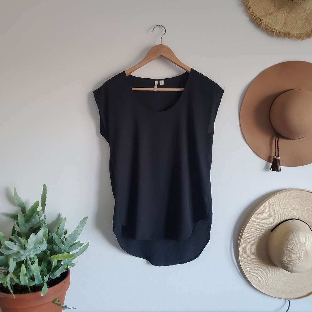 Black silky short sleeved blouse